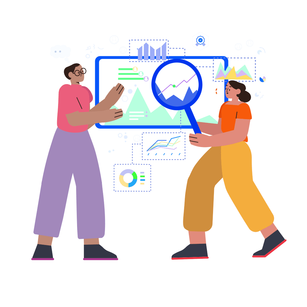 An illustration of two people standing side by side, one of whom is holding a magnifying glass over a screen surrounded by a cloud of charts