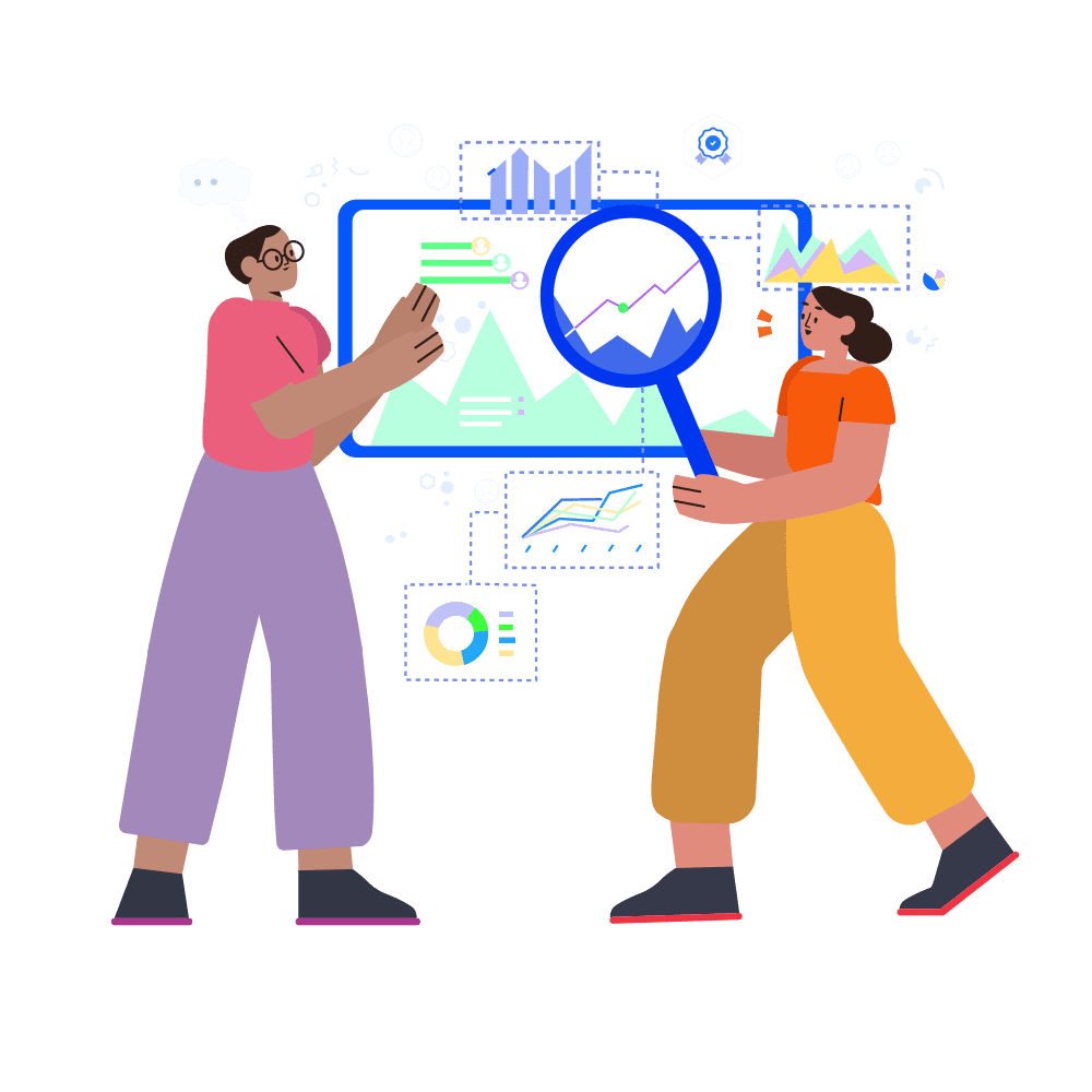 An illustration of two people standing side by side, one of whom is holding a magnifying glass over a screen surrounded by a cloud of charts