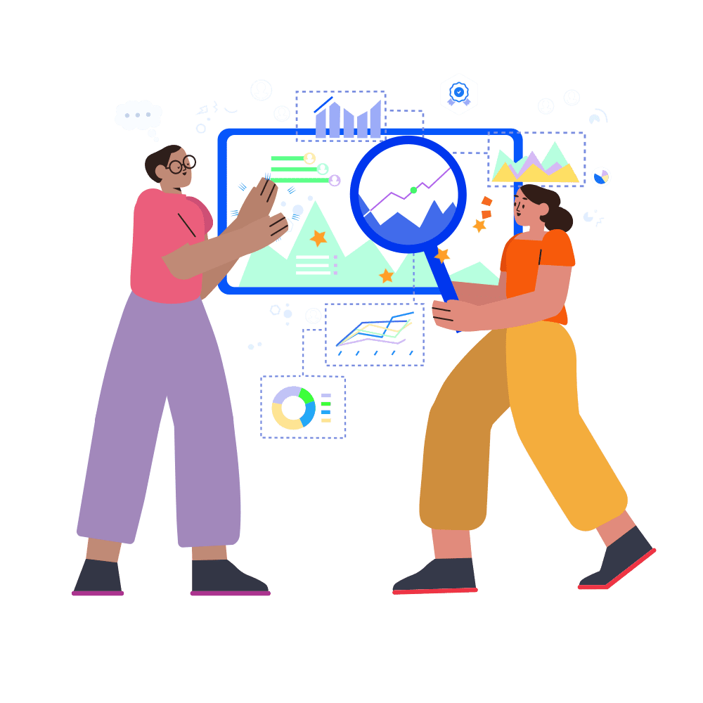 An illustration of two people standing side by side, one of whom is holding a magnifying glass over a screen surrounded by a cloud of charts