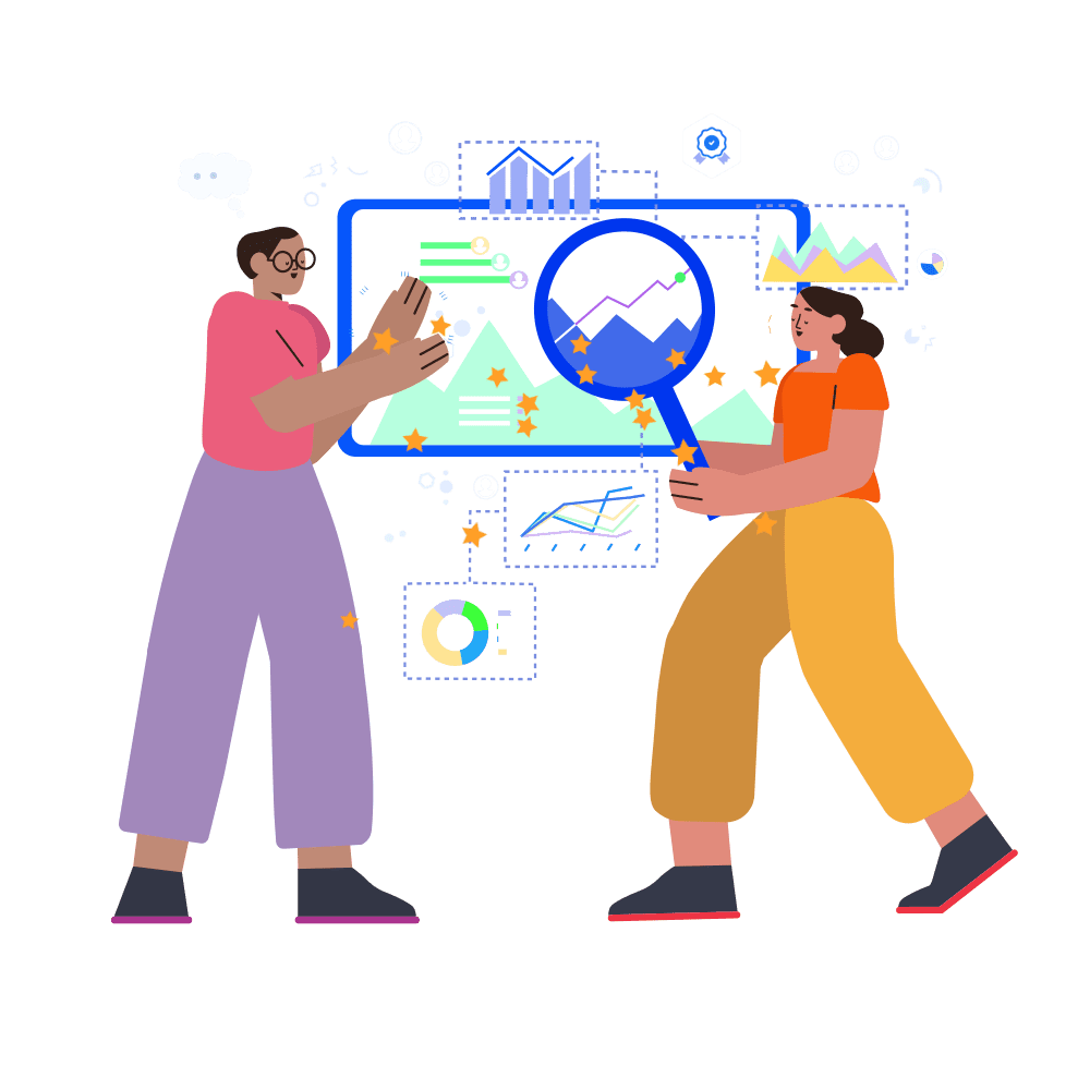 An illustration of two people standing side by side, one of whom is holding a magnifying glass over a screen surrounded by a cloud of charts