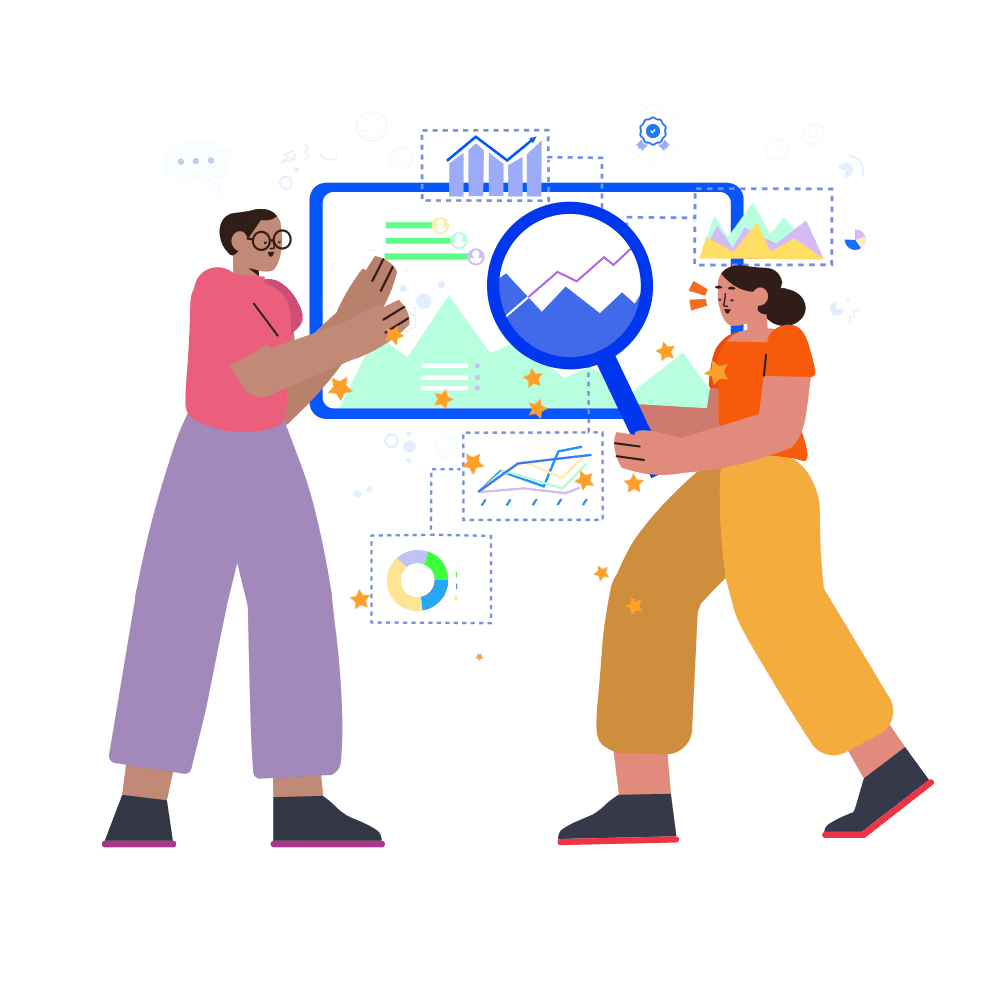 An illustration of two people standing side by side, one of whom is holding a magnifying glass over a screen surrounded by a cloud of charts