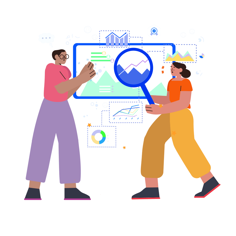 An illustration of two people standing side by side, one of whom is holding a magnifying glass over a screen surrounded by a cloud of charts