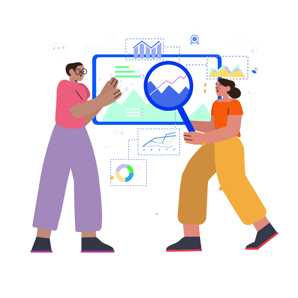 An illustration of two people standing side by side, one of whom is holding a magnifying glass over a screen surrounded by a cloud of charts