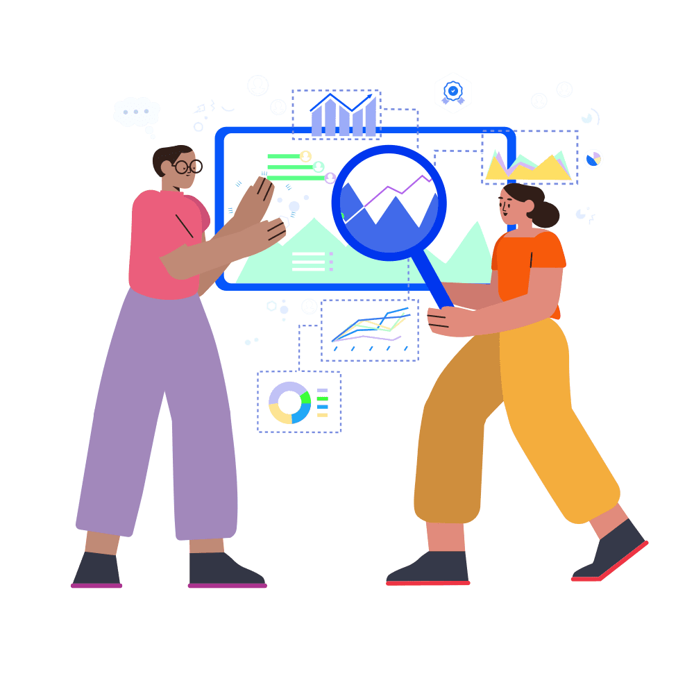 An illustration of two people standing side by side, one of whom is holding a magnifying glass over a screen surrounded by a cloud of charts