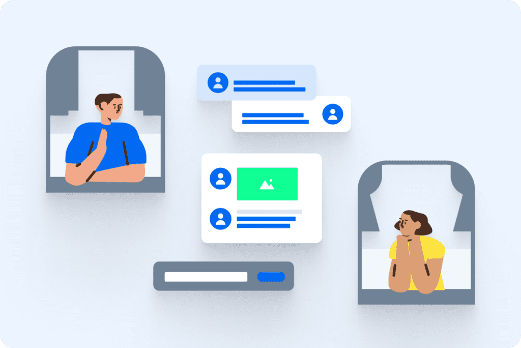 An illustration of two people leaning out of separate windows, with various message notification icons hovering in the space between them