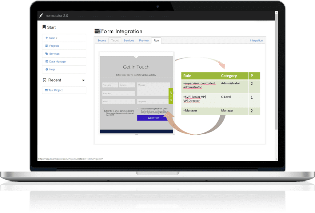 A laptop with a Normalator dashboard on screen, titled Form Integration