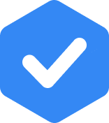 White tick icon in a blue hexagon