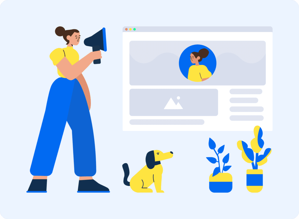 An illustration of a person speaking through a megaphone towards a human-sized browser window, with a dog and two plants at their feet