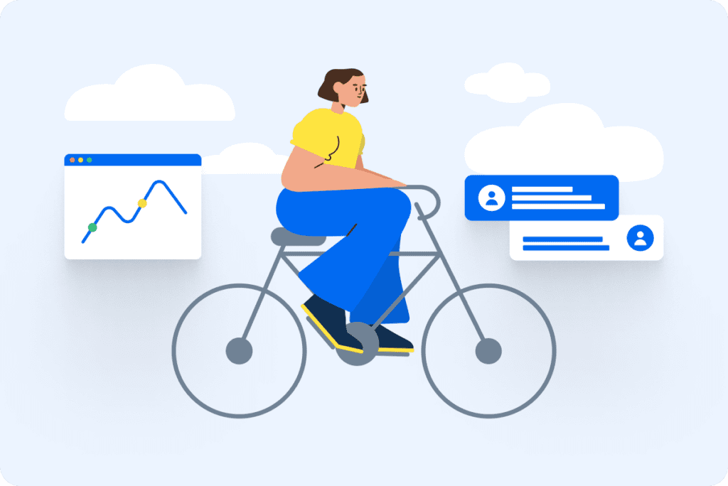 An illustration of a person riding a bike with clouds, charts and notifications hovering in the background