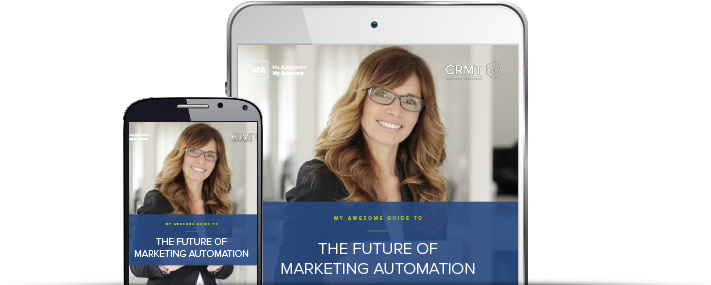 A tablet and a smartphone with the same image of a woman smiling above the words My Awesome Guide to Marketing Automation Success on both screens