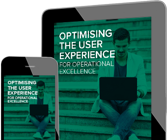 A tablet and a smartphone with the same image of a man using a laptop beneath the words Optimising the User Experience for Operational Excellence on both screens