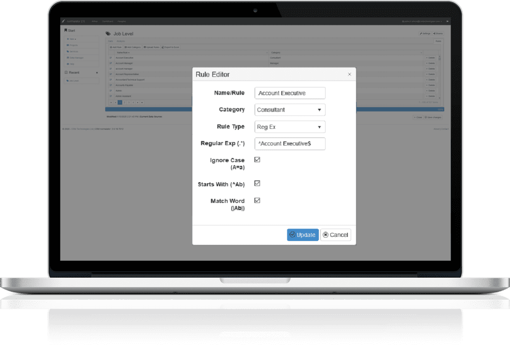 A laptop with a Normalator dashboard on screen, with a popup window titled Rule Editor